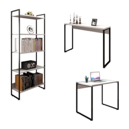 Kit Mesa 90 com Aparador 120 e Estante 5 Prateleiras Office Industrial Branco - Pr Móveis