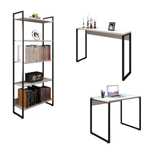Kit Mesa 90 com Aparador 120 e Estante 5 Prateleiras Office Industrial Branco - Pr Móveis