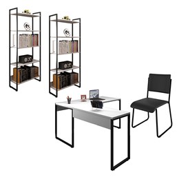Kit Mesa em L com 2 Estantes Office Industrial Branco e Cadeira Studio Ind Preto - PR Móveis