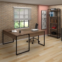Kit Mesa em L com 2 Estantes Office Industrial Nogal Sevilha e Cadeira Studio Ind Preto - PR Móveis
