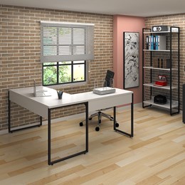 Kit Mesa em L com 3 Estantes Office Industrial Branco e Cadeira Studio Ind Preto - PR Móveis