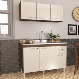 Kit Pop 120cm com Armário Aéreo e Balcão Noce/Off White sem Tampo - Indékes