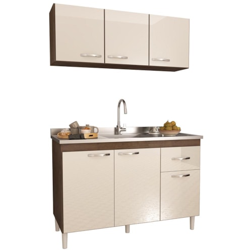 Kit Pop 120cm com Armário Aéreo e Balcão Noce/Off White sem Tampo - Indékes