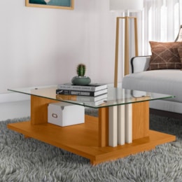 Mesa de Centro Frizz Cinamomo/Off White com Tampo de Vidro - Madetec Mesa de Centro Frizz Cinamomo/Off White com Tampo de Vidro - Madetec