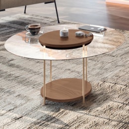 Mesa de Centro Sky Redonda Castanho com Tampo de Vidro - HB Móveis  Mesa de Centro Sky Redonda Castanho com Tampo de Vidro - HB Móveis