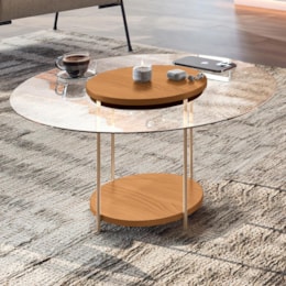 Mesa de Centro Sky Redonda Cinamomo com Tampo de Vidro - HB Móveis  Mesa de Centro Sky Redonda Cinamomo com Tampo de Vidro - HB Móveis