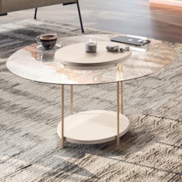 Mesa de Centro Sky Redonda Off White com Tampo de Vidro - HB Móveis  Mesa de Centro Sky Redonda Off White com Tampo de Vidro - HB Móveis