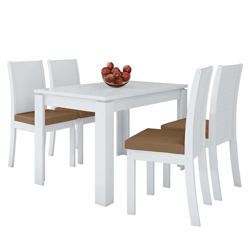 Mesa de Jantar 120x80 com 4 Cadeiras Athenas Branco/Corino Caramelo - Móveis Lopas  
