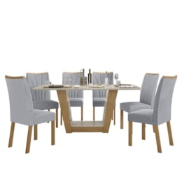 Mesa de Jantar 160x80 com 6 Cadeiras Apogeu Amêndoa/Off White/Linho Cinza Claro - Móveis Lopas