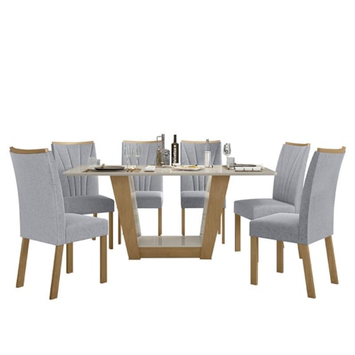 Mesa de Jantar 160x80 com 6 Cadeiras Apogeu Amêndoa/Off White/Linho Cinza Claro - Móveis Lopas