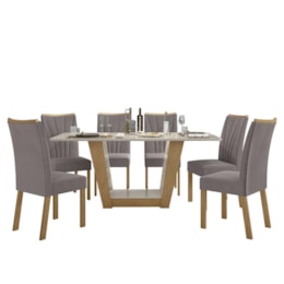 Mesa de Jantar 160x80 com 6 Cadeiras Apogeu Amêndoa/Off White/Veludo Capuccino - Móveis Lopas