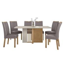 Mesa de Jantar 160x80 com 6 Cadeiras Apogeu Amêndoa/Off White/Veludo Capuccino - Móveis Lopas Mesa de Jantar 160x80 com 6 Cadeiras Apogeu Amêndoa/Off White/Veludo Capuccino - Móveis Lopas
