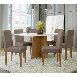 Mesa de Jantar 160x90 com 6 Cadeiras Ana Ipê/Off White/Marrom Rosê - PR Móveis 