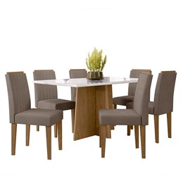 Mesa de Jantar 160x90 com 6 Cadeiras Ana Ipê/Off White/Marrom Rosê - PR Móveis 