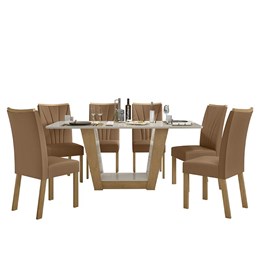 Mesa de Jantar 170x90 com 6 Cadeiras Apogeu Amêndoa/Off White/Corino Caramelo - Móveis Lopas