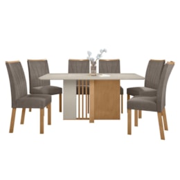 Mesa de Jantar 170x90 com 6 Cadeiras Apogeu Amêndoa/Off White/Suede Bege - Móveis Lopas Mesa de Jantar 170x90 com 6 Cadeiras Apogeu Amêndoa/Off White/Suede Bege - Móveis Lopas