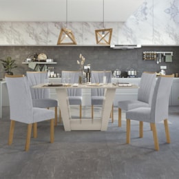 Mesa de Jantar 170x90 com 6 Cadeiras Apogeu Off White/Amêndoa/Linho Cinza Claro - Móveis Lopas
