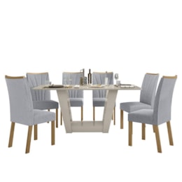 Mesa de Jantar 170x90 com 6 Cadeiras Apogeu Off White/Amêndoa/Linho Cinza Claro - Móveis Lopas