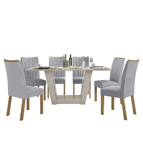 Mesa de Jantar 170x90 com 6 Cadeiras Apogeu Off White/Amêndoa/Linho Cinza Claro - Móveis Lopas