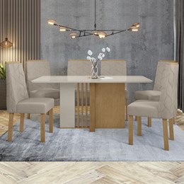 Mesa de Jantar 170x90 com 6 Cadeiras Astrid Amêndoa/Off White/Veludo Creme - Móveis Lopas