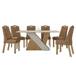 Mesa de Jantar 170x90 com 6 Cadeiras Vênus Amêndoa/Off White/Corino Caramelo - Móveis Lopas