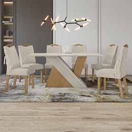 Mesa de Jantar 170x90 com 6 Cadeiras Vênus Amêndoa/Off White/Linho Bege - Móveis Lopas