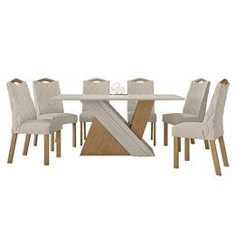 Mesa de Jantar 170x90 com 6 Cadeiras Vênus Amêndoa/Off White/Linho Bege - Móveis Lopas
