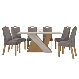 Mesa de Jantar 170x90 com 6 Cadeiras Vênus Amêndoa/Off White/Veludo Capuccino - Móveis Lopas