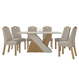 Mesa de Jantar 170x90 com 6 Cadeiras Vênus Amêndoa/Off White/Veludo Creme - Móveis Lopas