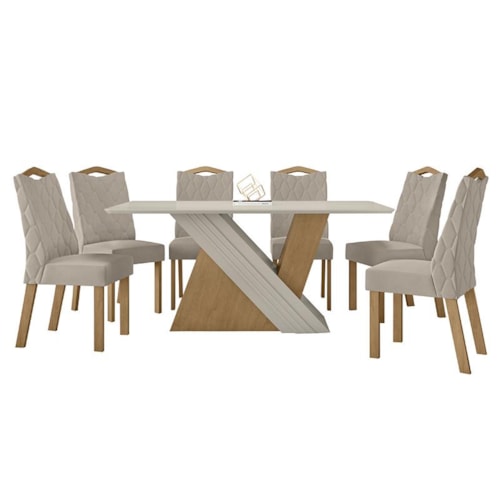 Mesa de Jantar 170x90 com 6 Cadeiras Vênus Amêndoa/Off White/Veludo Creme - Móveis Lopas