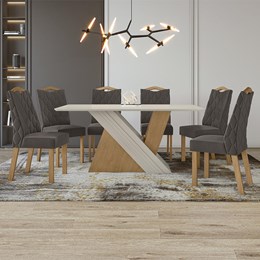Mesa de Jantar 170x90 com 6 Cadeiras Vênus Amêndoa/Off White/Veludo Marrom - Móveis Lopas