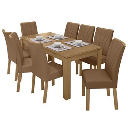 Mesa de Jantar 200x90 Athenas com 8 Cadeiras Apogeu Amêndoa/Corino Caramelo - Móveis Lopas