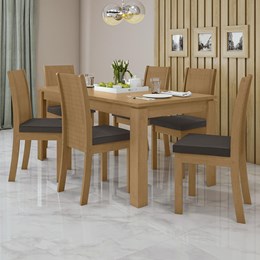Mesa de Jantar 200x90 com 6 Cadeiras Athenas Amêndoa/Veludo Marrom - Móveis Lopas