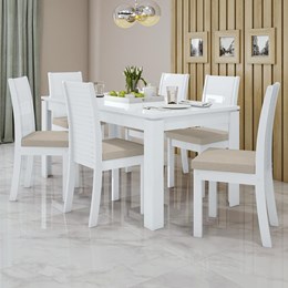 Mesa de Jantar 200x90 com 6 Cadeiras Athenas Branco/Linho Bege - Móveis Lopas  