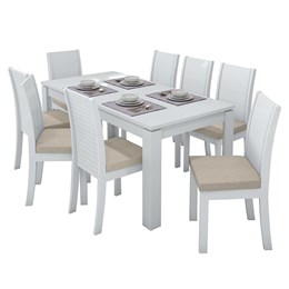 Mesa de Jantar 200x90 com 8 Cadeiras Athenas Branco/Linho Bege - Móveis Lopas