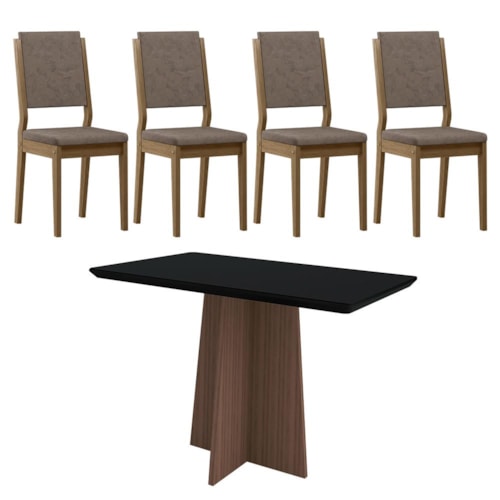 Mesa de Jantar Ana 120x80 com 4 Cadeiras Carol Imbuia/Preto/Camurça Marrom – New Ceval