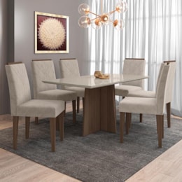 Mesa de Jantar Ana 160x90 com 6 Cadeiras Amanda Imbuia/Off White/Bege - PR Móveis   Mesa de Jantar Ana 160x90 com 6 Cadeiras Amanda Imbuia/Off White/Bege - PR Móveis