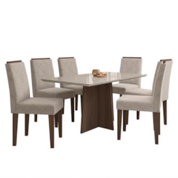 Mesa de Jantar Ana 160x90 com 6 Cadeiras Amanda Imbuia/Off White/Bege - PR Móveis   Mesa de Jantar Ana 160x90 com 6 Cadeiras Amanda Imbuia/Off White/Bege - PR Móveis