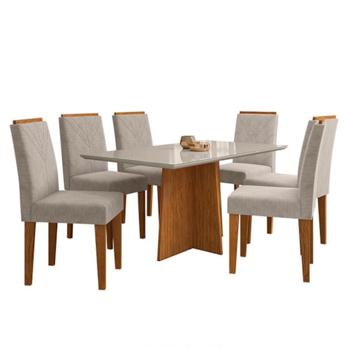 Mesa de Jantar Ana 160x90 com 6 Cadeiras Amanda Ipê/Off White/Bege - PR Móveis  