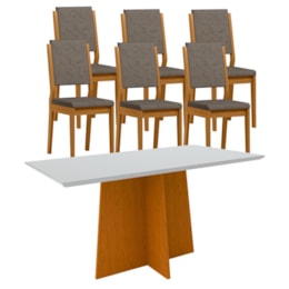 Mesa de Jantar Ana 160x90 com 6 Cadeiras Carol Ypê/Off White/Camurça Marrom – New Ceval