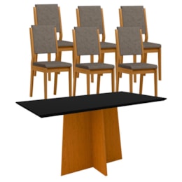 Mesa de Jantar Ana 160x90 com 6 Cadeiras Carol Ypê/Preto/Camurça Marrom – New Ceval