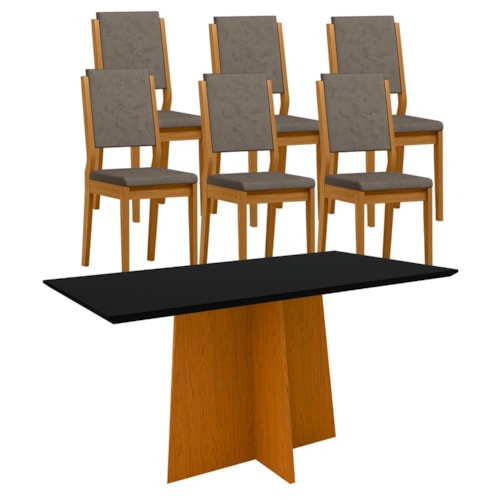 Mesa de Jantar Ana 160x90 com 6 Cadeiras Carol Ypê/Preto/Camurça Marrom – New Ceval