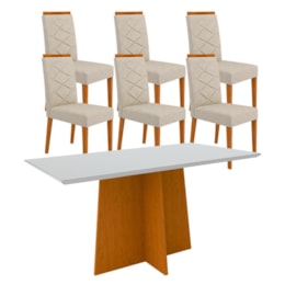 Mesa de Jantar Ana 160x90 com 6 Cadeiras Caroline Ipê/Off White/Marrom Claro – New Ceval