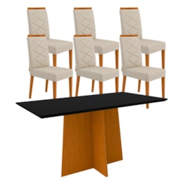 Mesa de Jantar Ana 160x90 com 6 Cadeiras Caroline Ipê/Preto/Marrom Claro – New Ceval