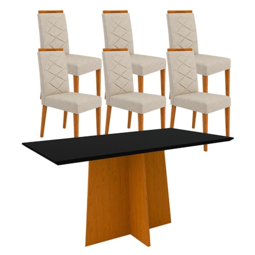 Mesa de Jantar Ana 160x90 com 6 Cadeiras Caroline Ipê/Preto/Marrom Claro – New Ceval