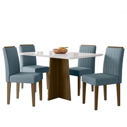 Mesa de Jantar Anitta 135x90 com 4 Cadeiras Ana Imbuia/Off White/Azul - PR Móveis 