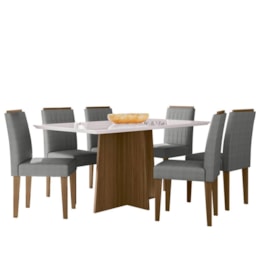 Mesa de Jantar Anitta 160x90 com 6 Cadeiras Ana Imbuia/Off White/Linho Cinza Claro - New Ceval