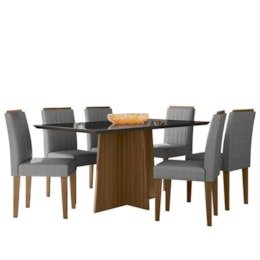 Mesa de Jantar Anitta 160x90 com 6 Cadeiras Ana Imbuia/Preto/Linho Cinza Claro - New Ceval