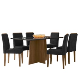 Mesa de Jantar Anitta 160x90 com 6 Cadeiras Ana Imbuia/Preto/Veludo Preto - New Ceval