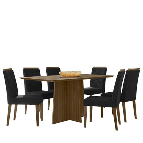 Mesa de Jantar Anitta 160x90 Tampo em MDF com 6 Cadeiras Caroline Imbuia/Veludo Preto - New Ceval